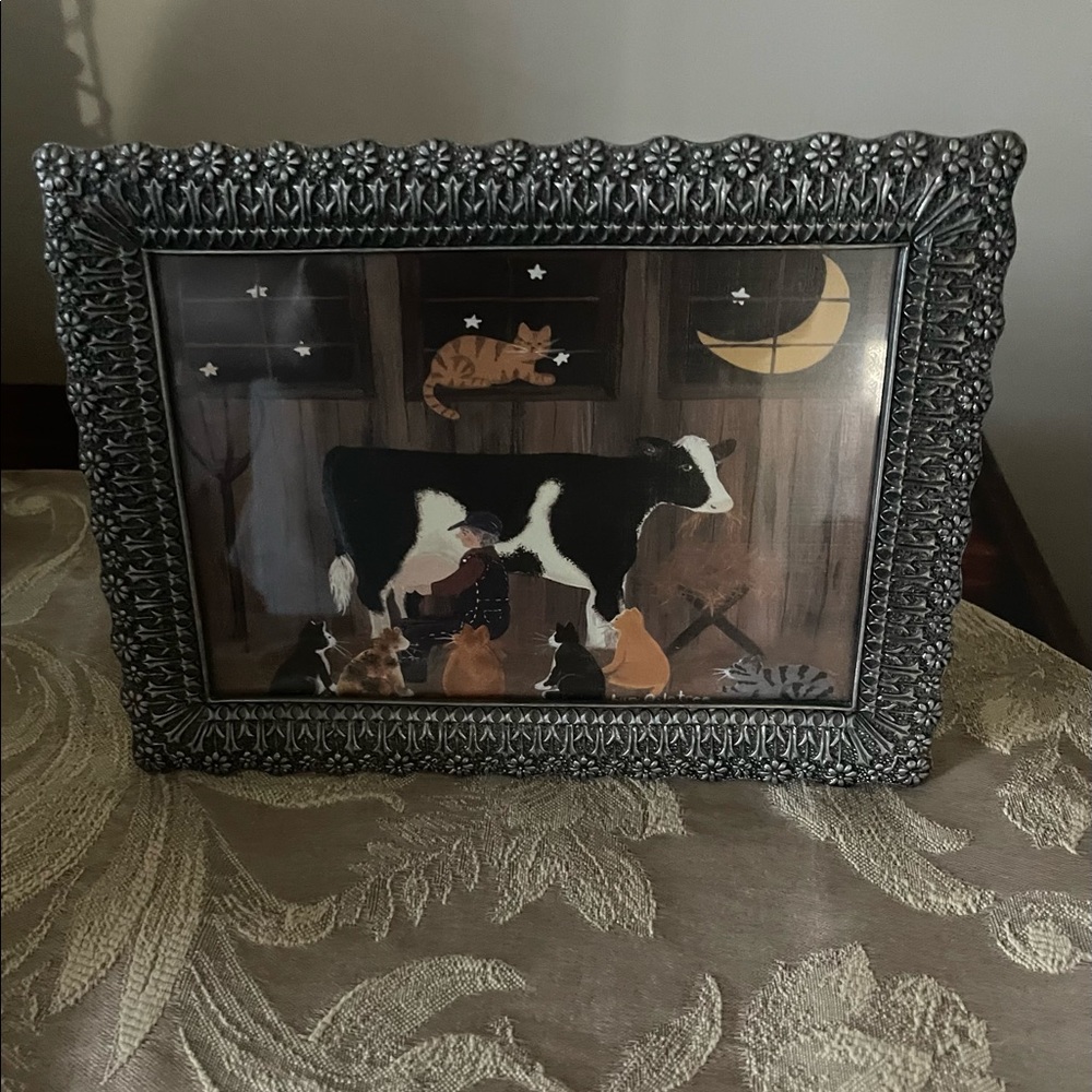 Folk Art Country Scene In Metal Frame